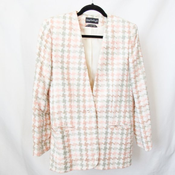 VINTAGE 80s Gorgeous Patterned Linen Cotton Blazer Jacket Size-4 - Picture 1 of 11